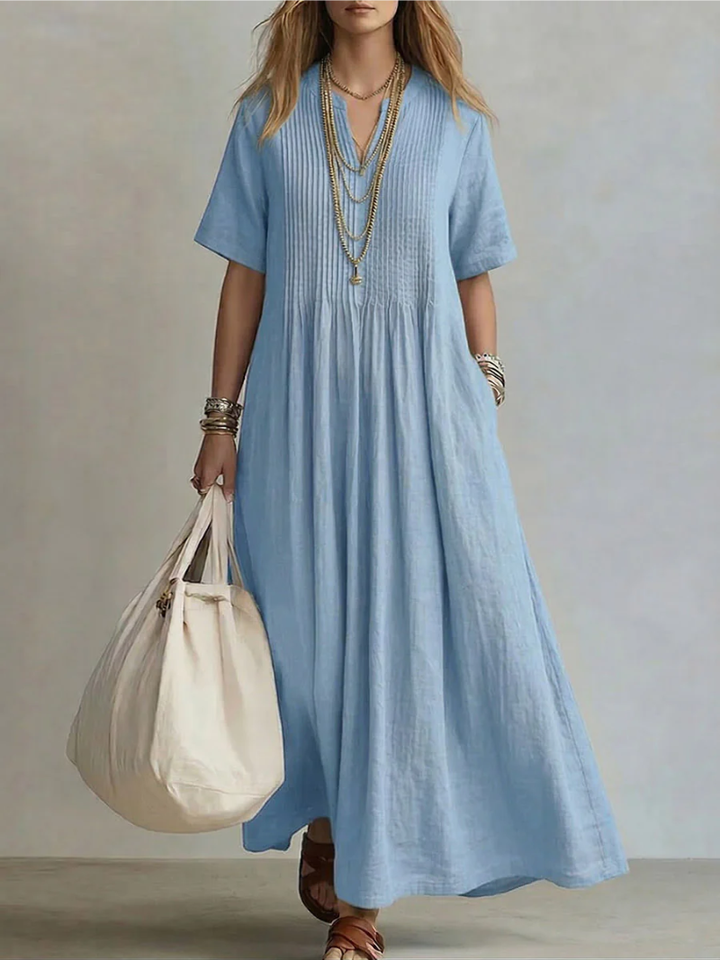 Women's Cotton V-Neck Flowing Maxi Dress Autumn Everyday Outfit