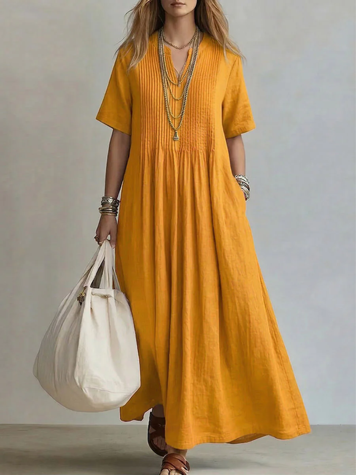 Women's Cotton V-Neck Flowing Maxi Dress Autumn Everyday Outfit