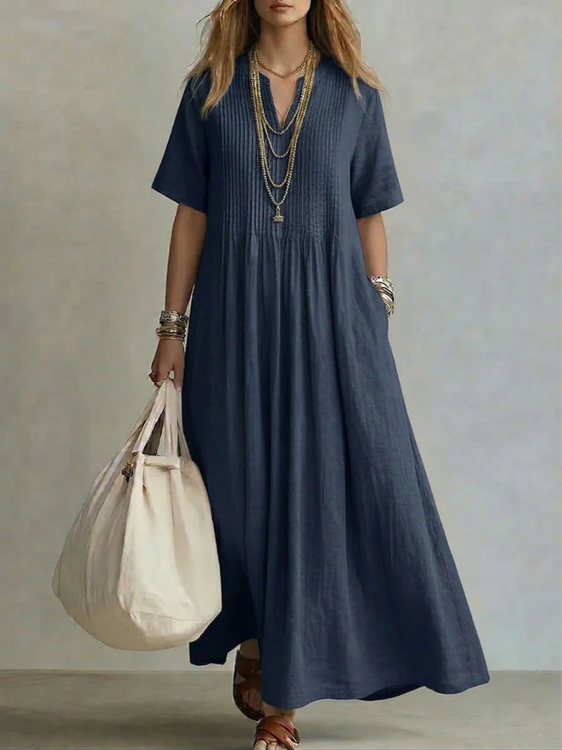 Women's Cotton V-Neck Flowing Maxi Dress Autumn Everyday Outfit
