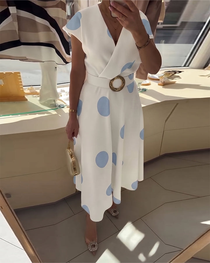 Women's Polka Dot V Neck Midi Dress Autumn Casual Dress