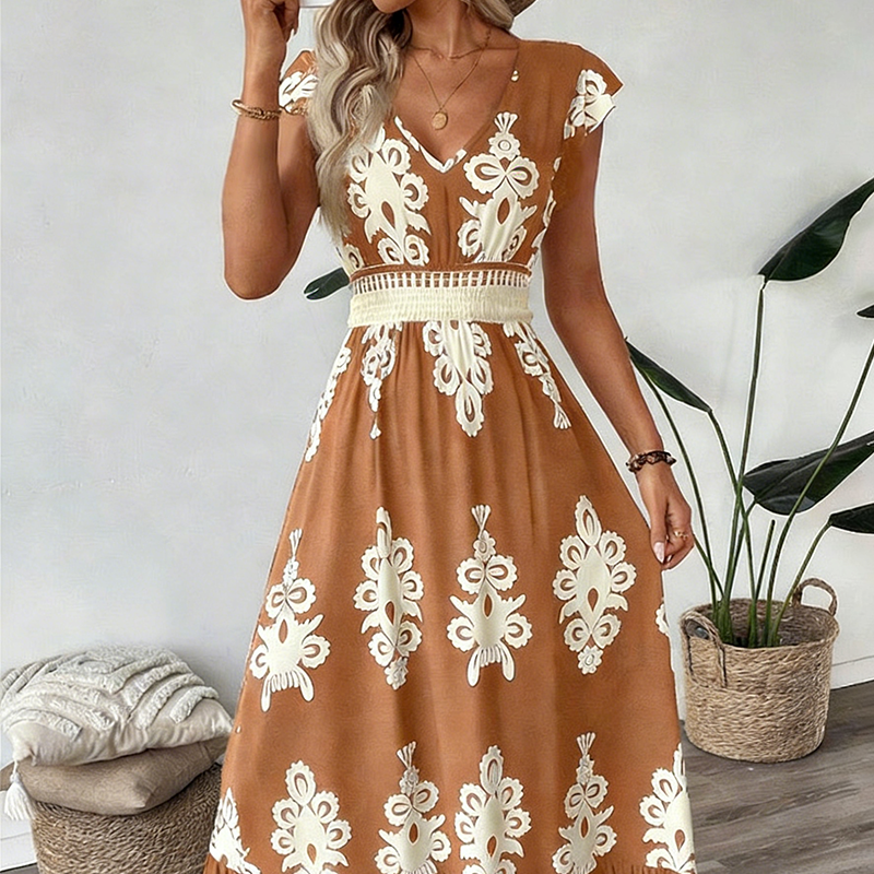 Women's Knit Baroque Print V-Neck Maxi Dress Autumn Casual Dress