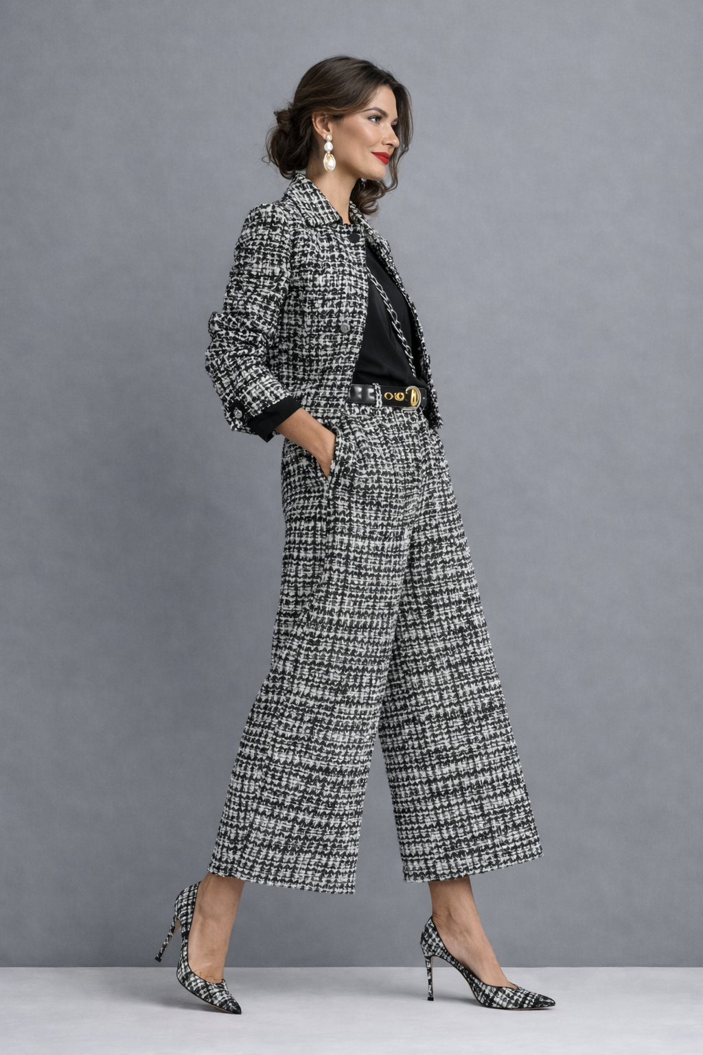 Women's Tweed Suit Set Autumn Cropped Jacket & Wide-Leg Trousers