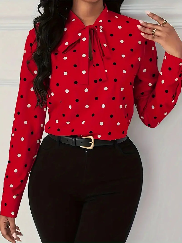 Meredith - Elegant Classic Polka Dot Blouse with Bow at the Collar for a Stylish Autumn for Ladies