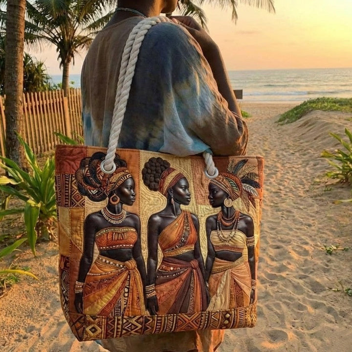 Women's Handmade Beach Tote Bag with Rope Handles and Printed Design
