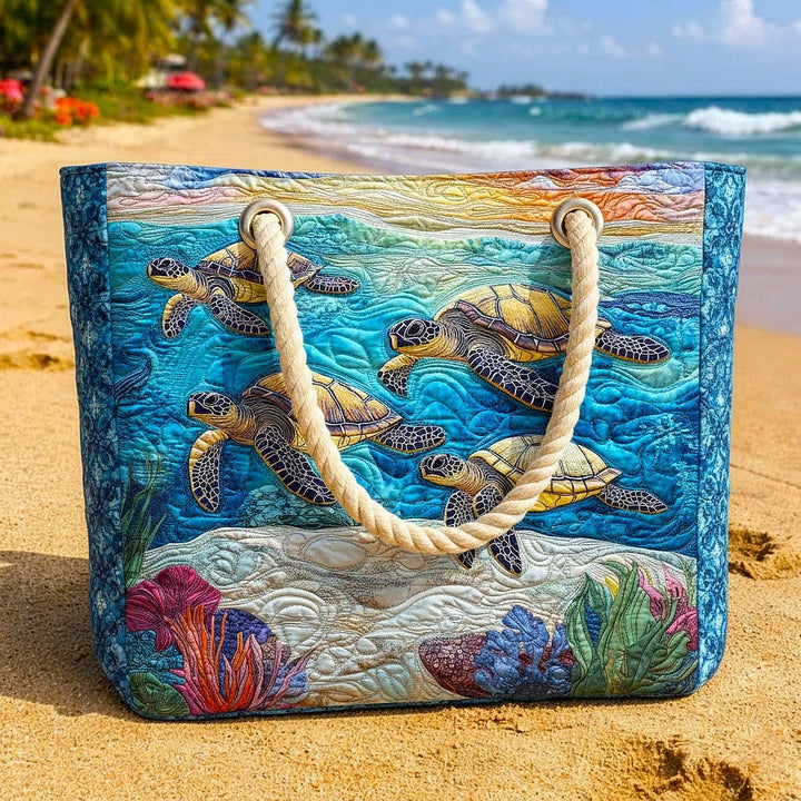Women's Handmade Beach Tote Bag with Rope Handles and Printed Design