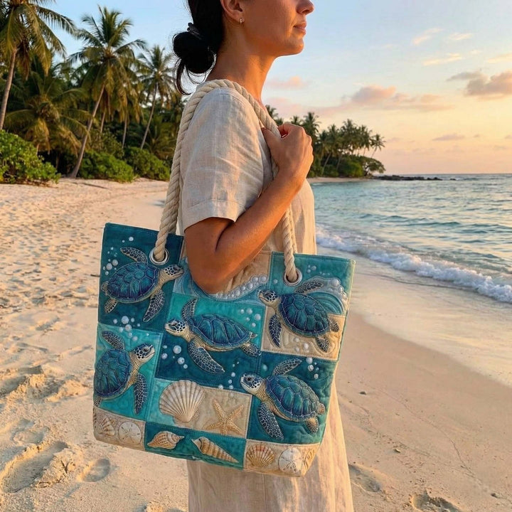 Women's Handmade Beach Tote Bag with Rope Handles and Printed Design