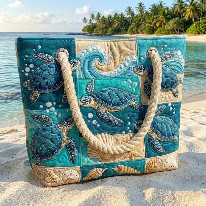 Women's Handmade Beach Tote Bag with Rope Handles and Printed Design