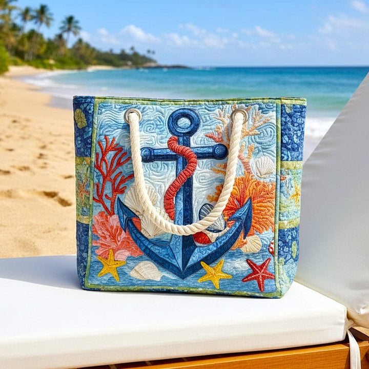Women's Handmade Beach Tote Bag with Rope Handles and Printed Design