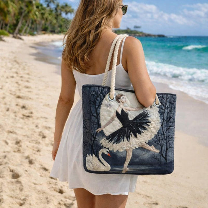 Women's Handmade Beach Tote Bag with Rope Handles and Printed Design