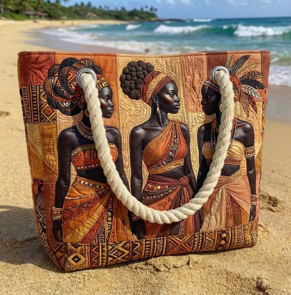 Women's Handmade Beach Tote Bag with Rope Handles and Printed Design