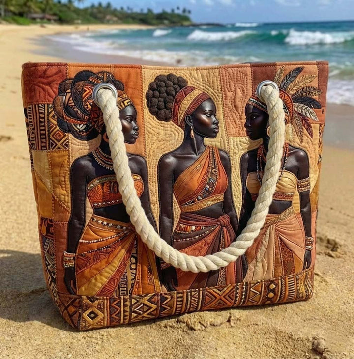Women's Handmade Beach Tote Bag with Rope Handles and Printed Design