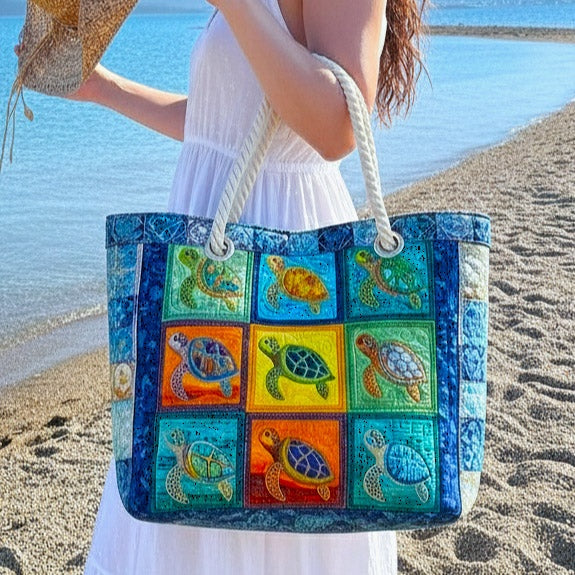 Women's Handmade Beach Tote Bag with Rope Handles and Printed Design