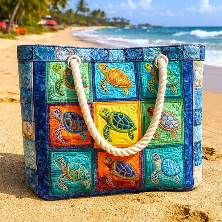Women's Handmade Beach Tote Bag with Rope Handles and Printed Design