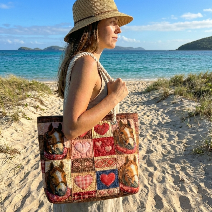 Women's Handmade Beach Tote Bag with Rope Handles and Printed Design