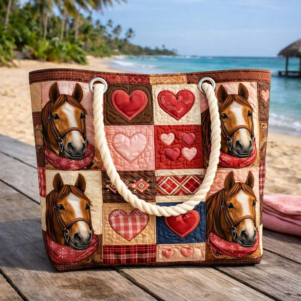 Women's Handmade Beach Tote Bag with Rope Handles and Printed Design