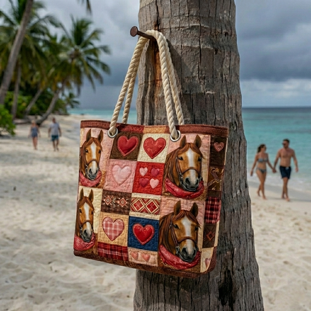 Women's Handmade Beach Tote Bag with Rope Handles and Printed Design
