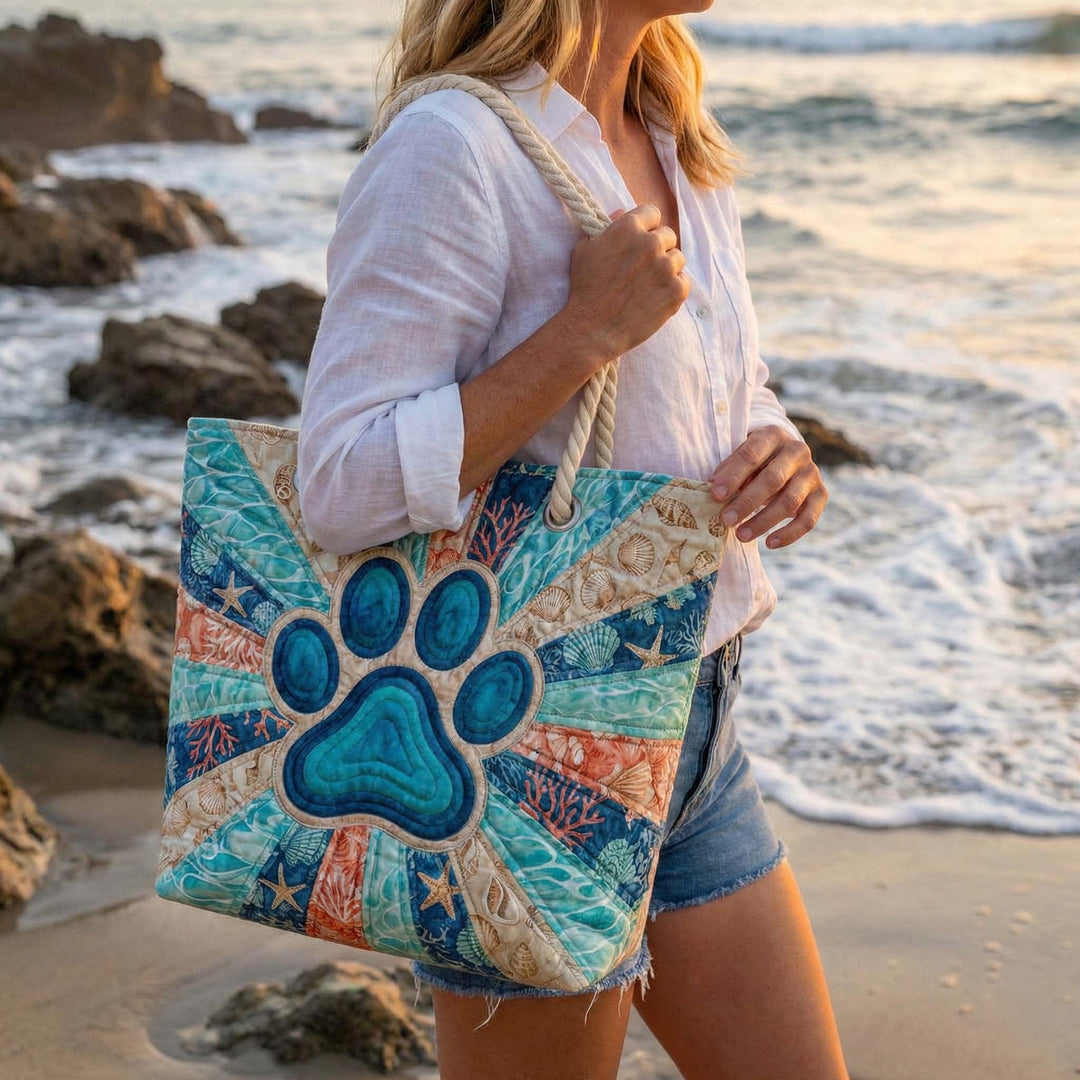 Women's Handmade Beach Tote Bag with Rope Handles and Printed Design