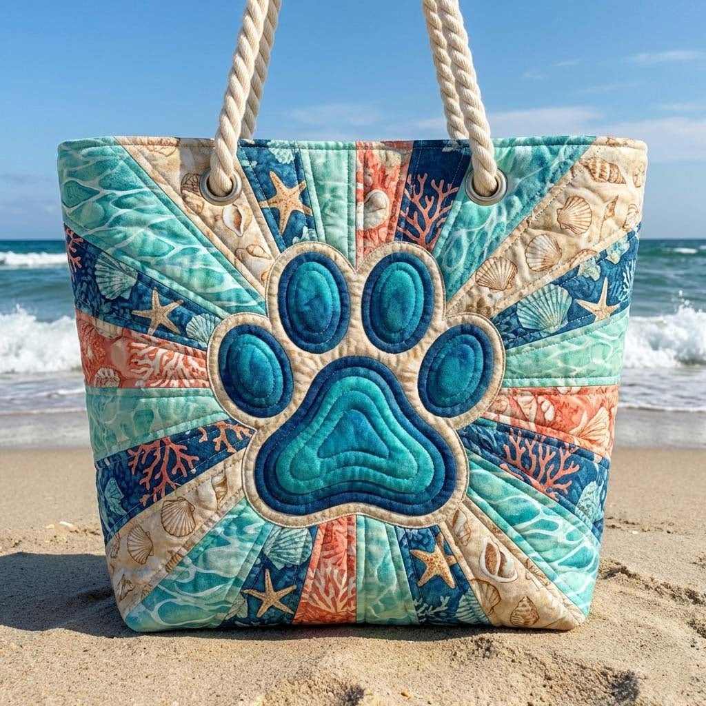 Women's Handmade Beach Tote Bag with Rope Handles and Printed Design