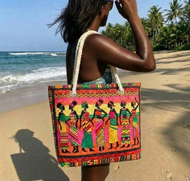 Women's Handmade Beach Tote Bag with Rope Handles and Printed Design