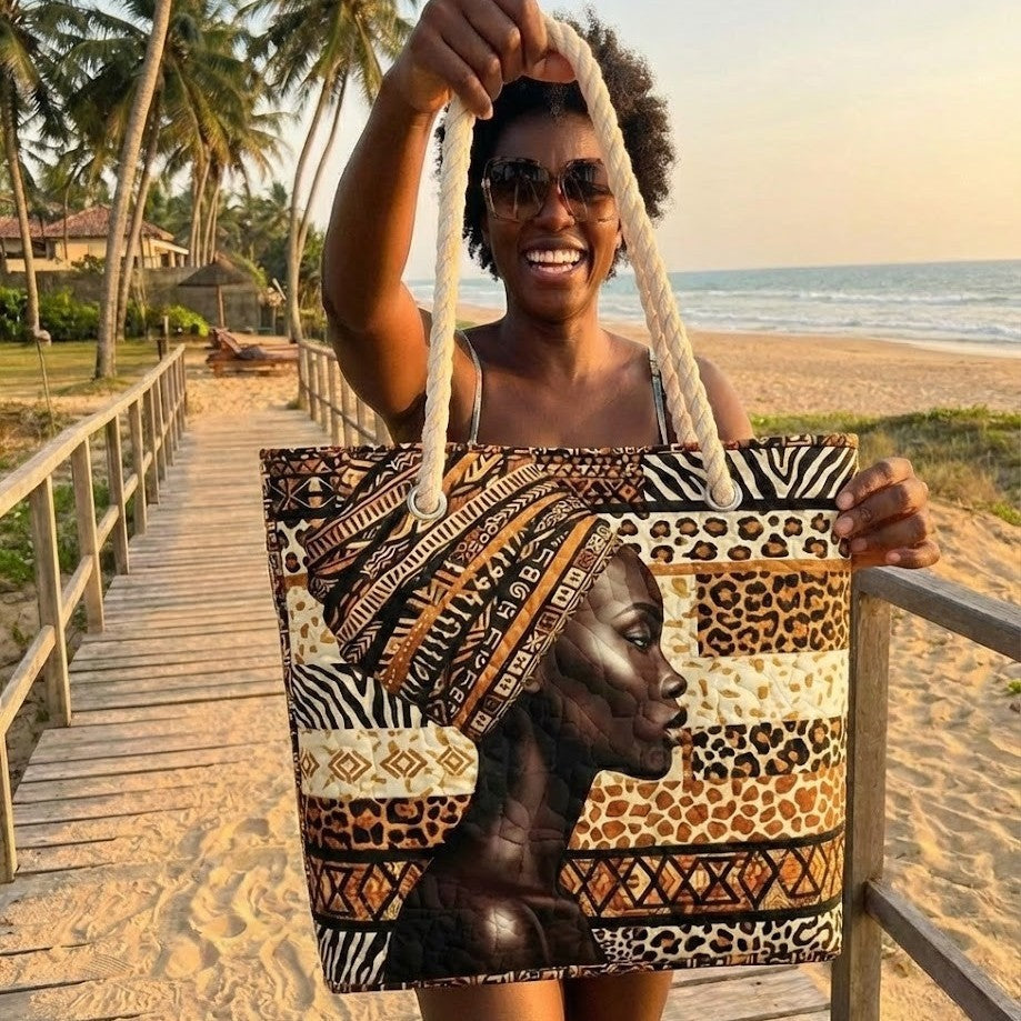 Women's Handmade Beach Tote Bag with Rope Handles and Printed Design