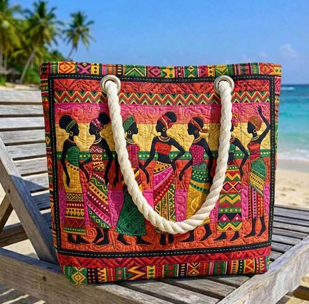 Women's Handmade Beach Tote Bag with Rope Handles and Printed Design