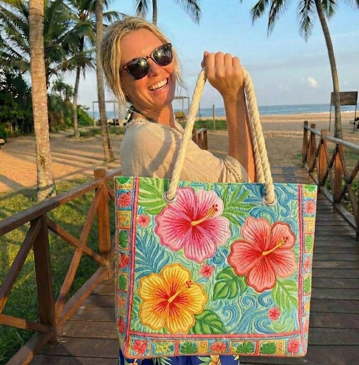 Women's Handmade Beach Tote Bag with Rope Handles and Printed Design