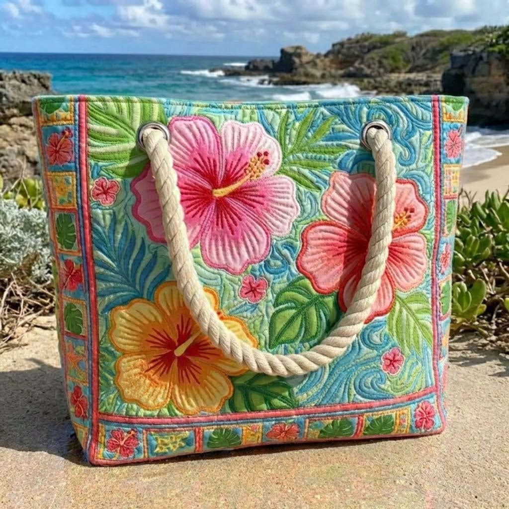 Women's Handmade Beach Tote Bag with Rope Handles and Printed Design