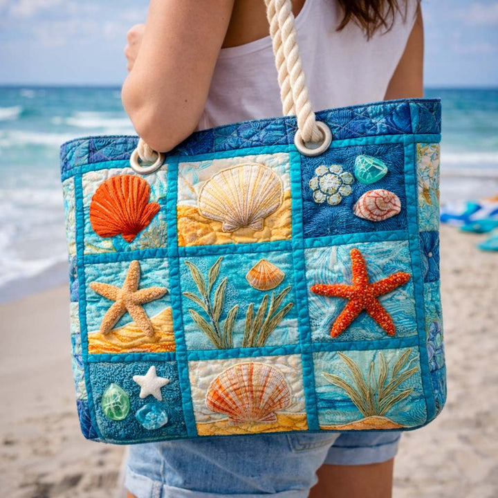Women's Handmade Beach Tote Bag with Rope Handles and Printed Design