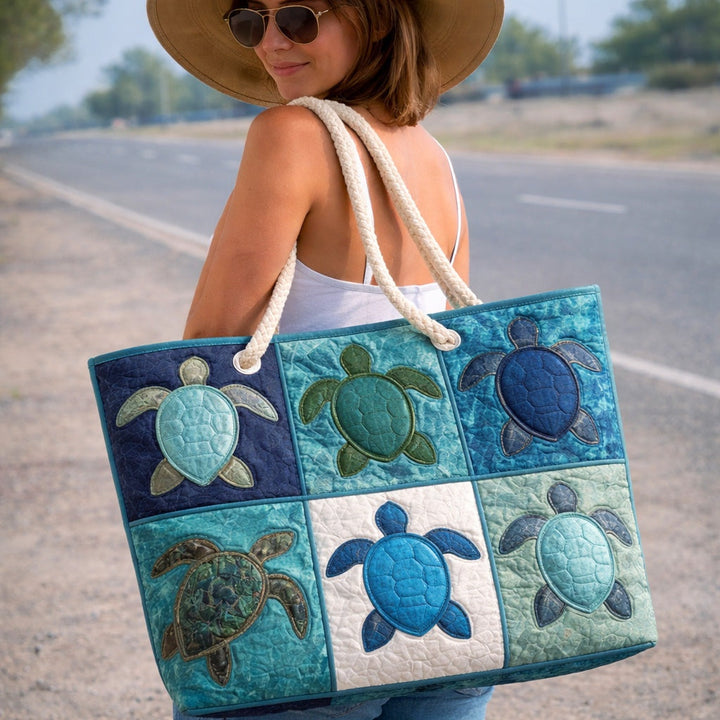 Women's Handmade Beach Tote Bag with Rope Handles and Printed Design