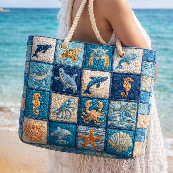 Women's Handmade Beach Tote Bag with Rope Handles and Printed Design
