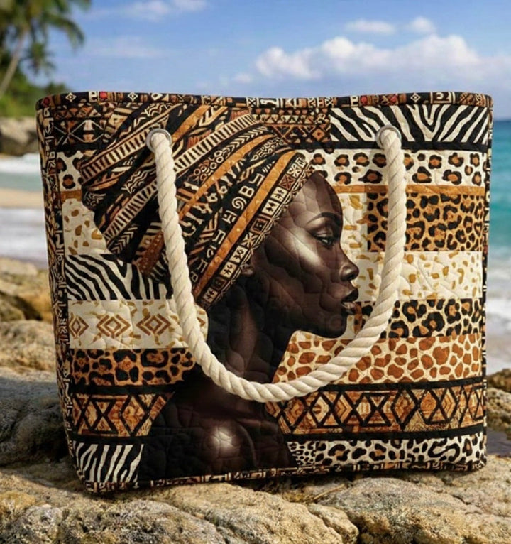 Women's Handmade Beach Tote Bag with Rope Handles and Printed Design