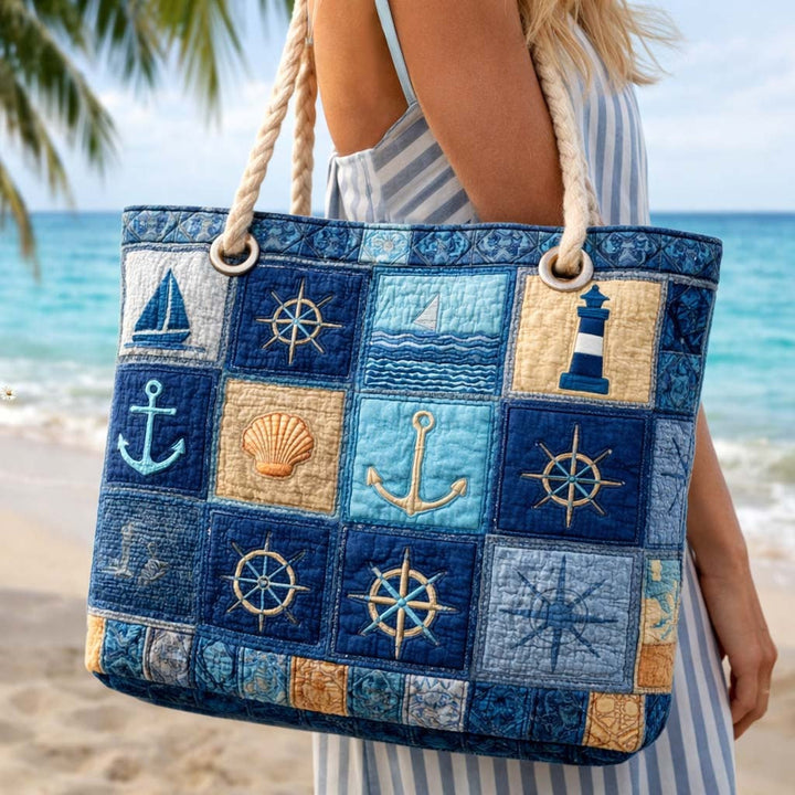 Women's Handmade Beach Tote Bag with Rope Handles and Printed Design