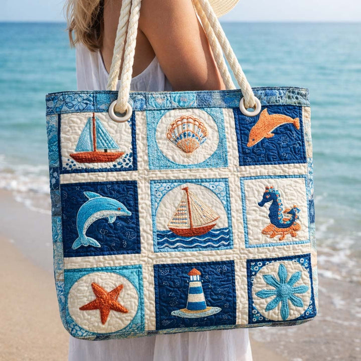 Women's Handmade Beach Tote Bag with Rope Handles and Printed Design