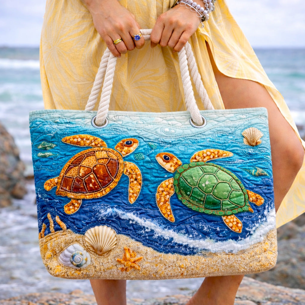 Women's Handmade Beach Tote Bag with Rope Handles and Printed Design