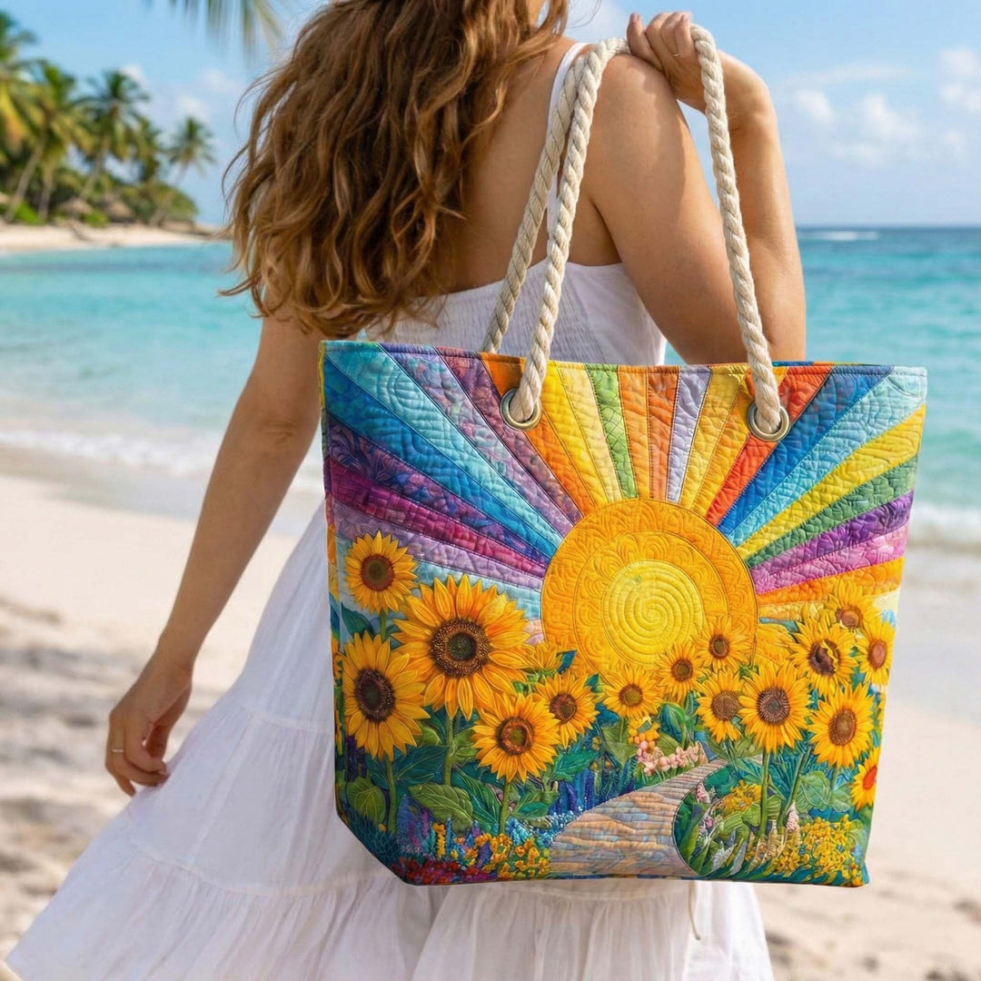 Women's Handmade Beach Tote Bag with Rope Handles and Printed Design
