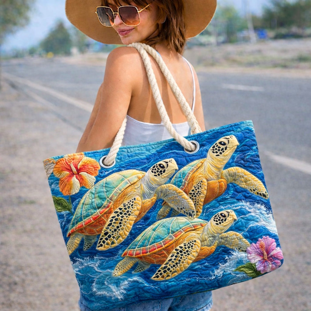 Women's Handmade Beach Tote Bag with Rope Handles and Printed Design