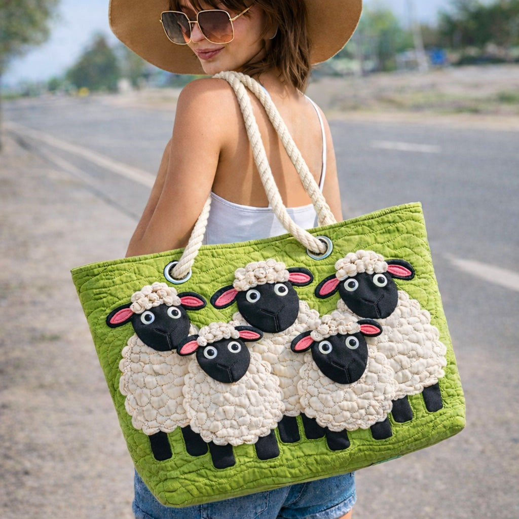 Women's Handmade Beach Tote Bag with Rope Handles and Printed Design