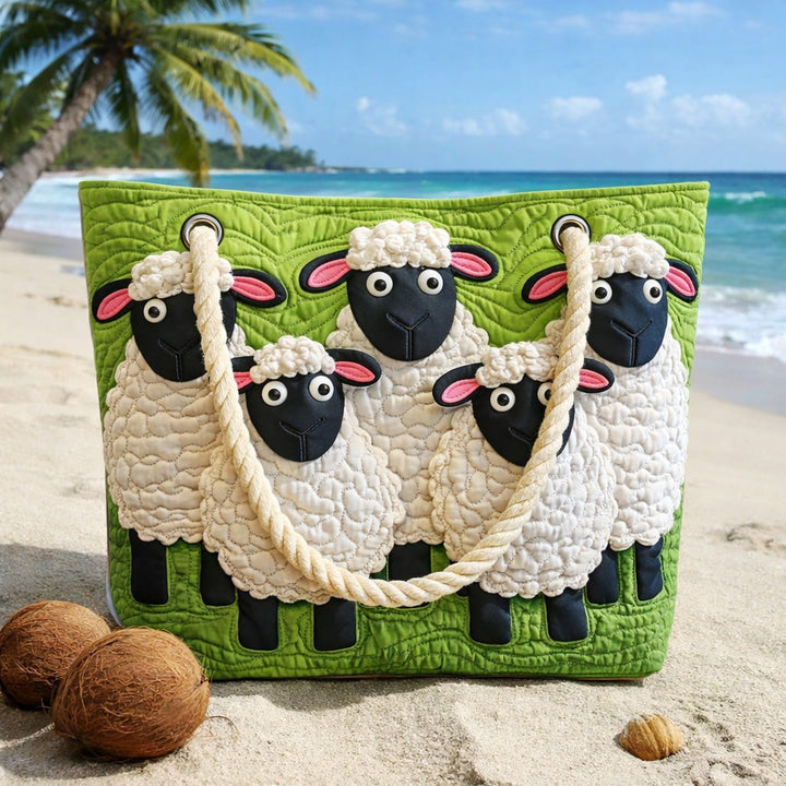 Women's Handmade Beach Tote Bag with Rope Handles and Printed Design