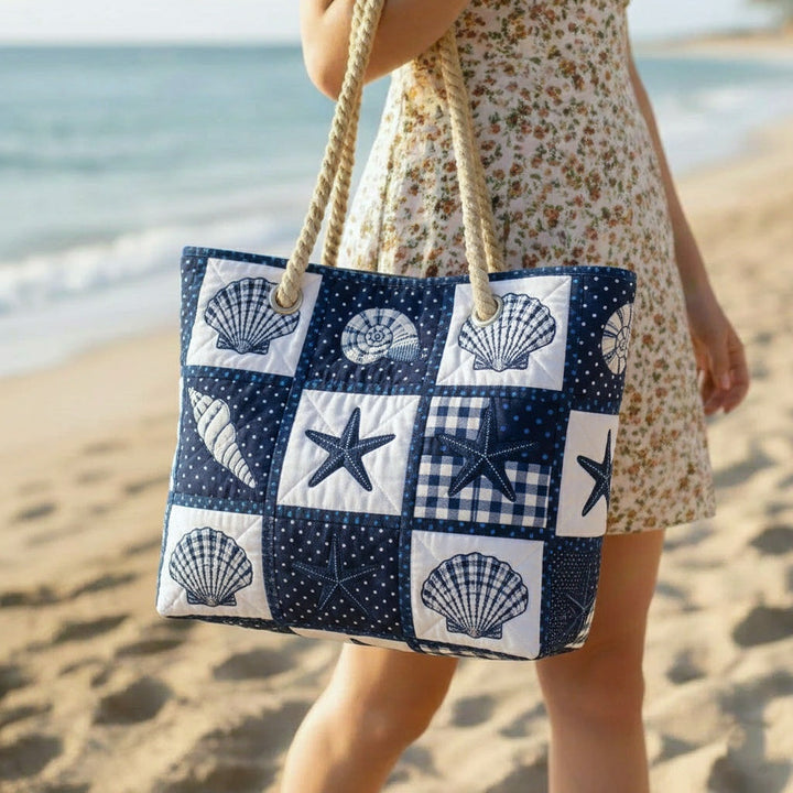 Women's Handmade Beach Tote Bag with Rope Handles and Printed Design