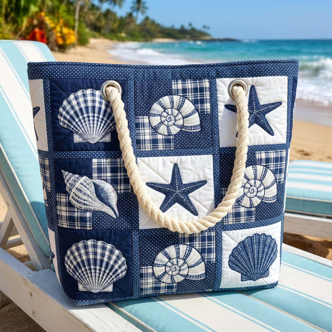 Women's Handmade Beach Tote Bag with Rope Handles and Printed Design