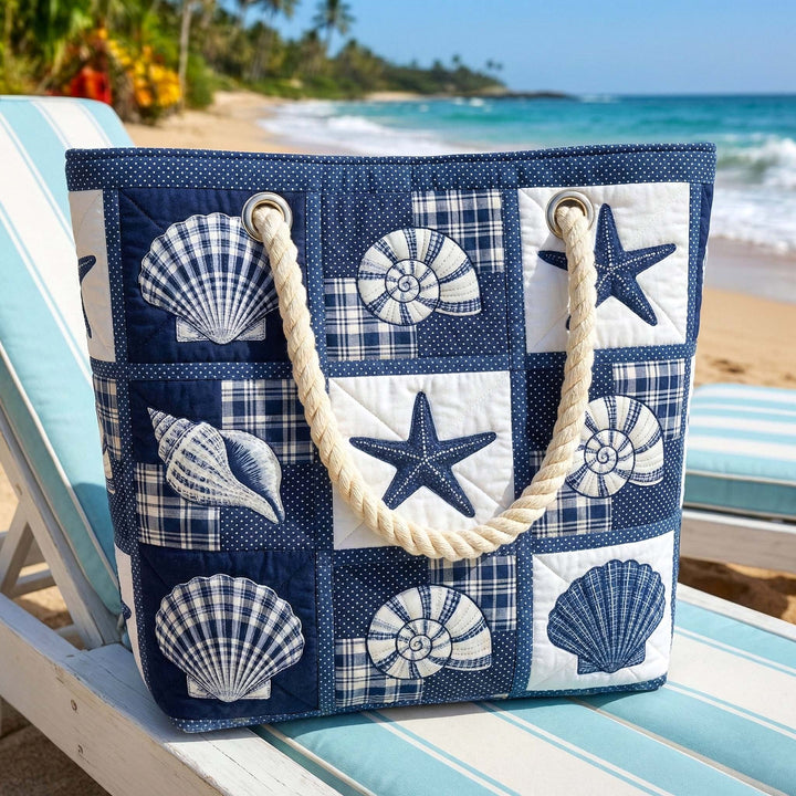 Women's Handmade Beach Tote Bag with Rope Handles and Printed Design