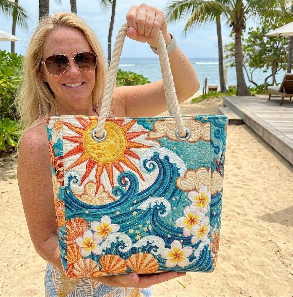 Women's Handmade Beach Tote Bag with Rope Handles and Printed Design