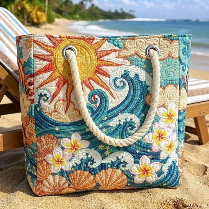 Women's Handmade Beach Tote Bag with Rope Handles and Printed Design