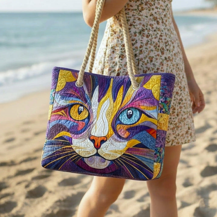 Women's Handmade Beach Tote Bag with Rope Handles and Printed Design