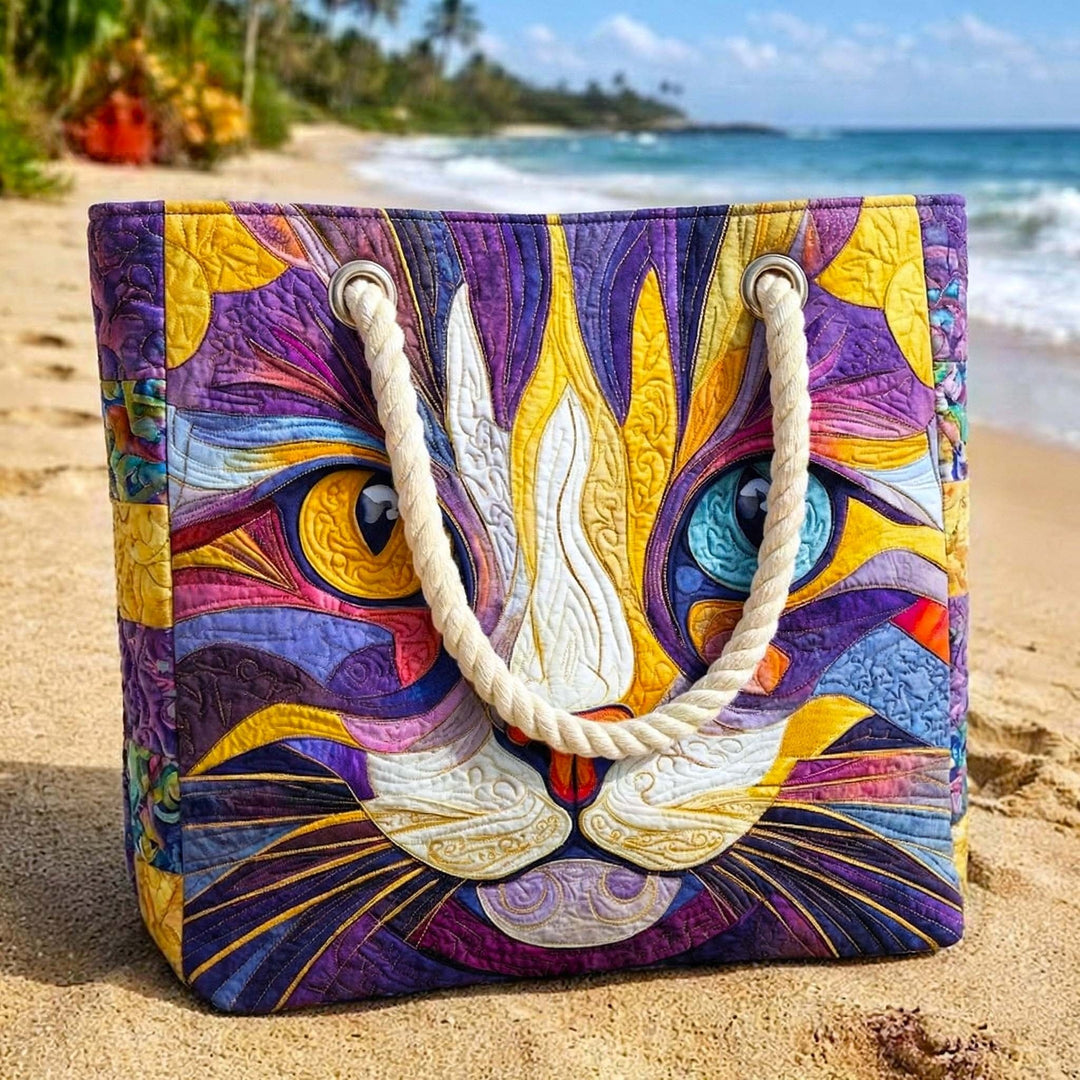 Women's Handmade Beach Tote Bag with Rope Handles and Printed Design