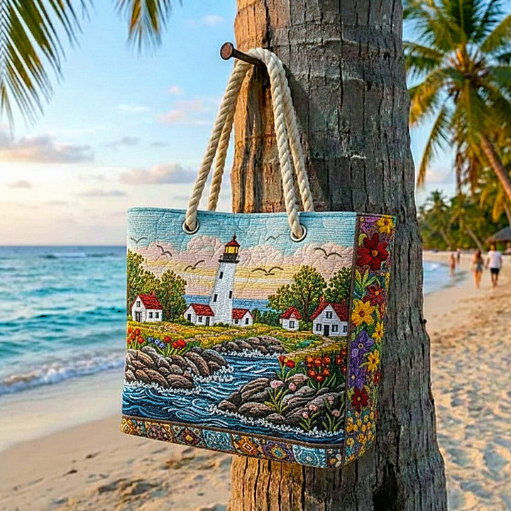 Women's Handmade Beach Tote Bag with Rope Handles and Printed Design