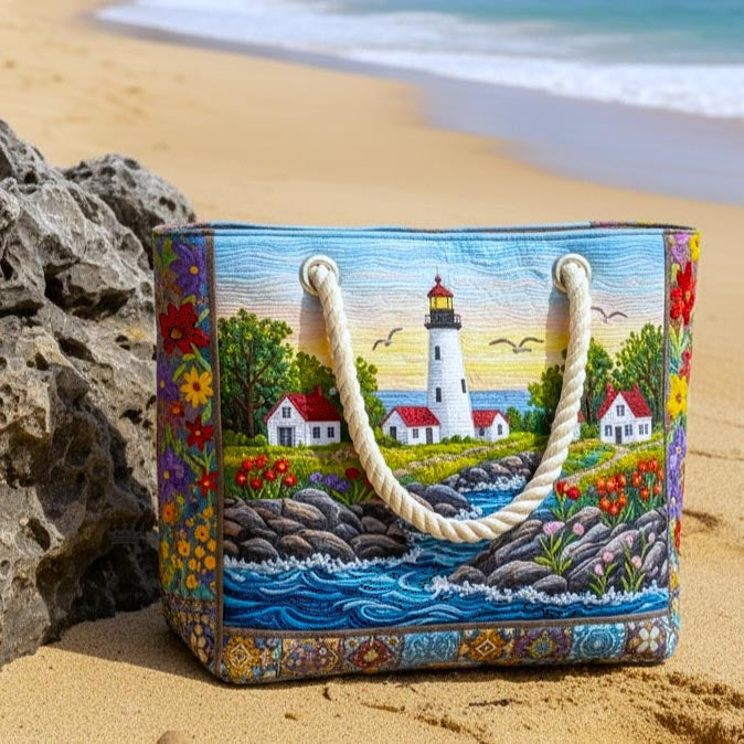 Women's Handmade Beach Tote Bag with Rope Handles and Printed Design