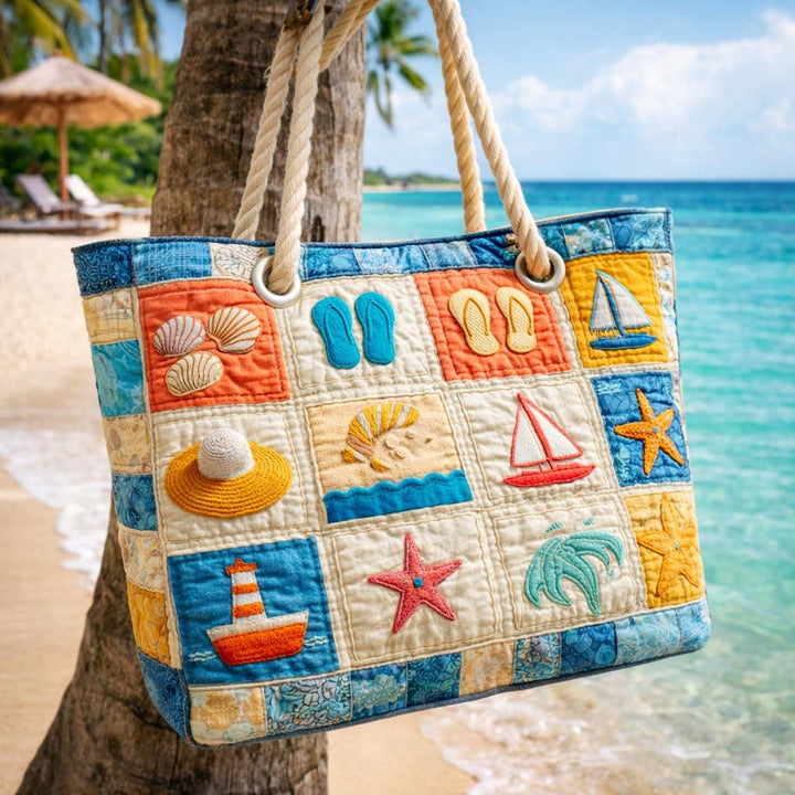 Women's Handmade Beach Tote Bag with Rope Handles and Printed Design