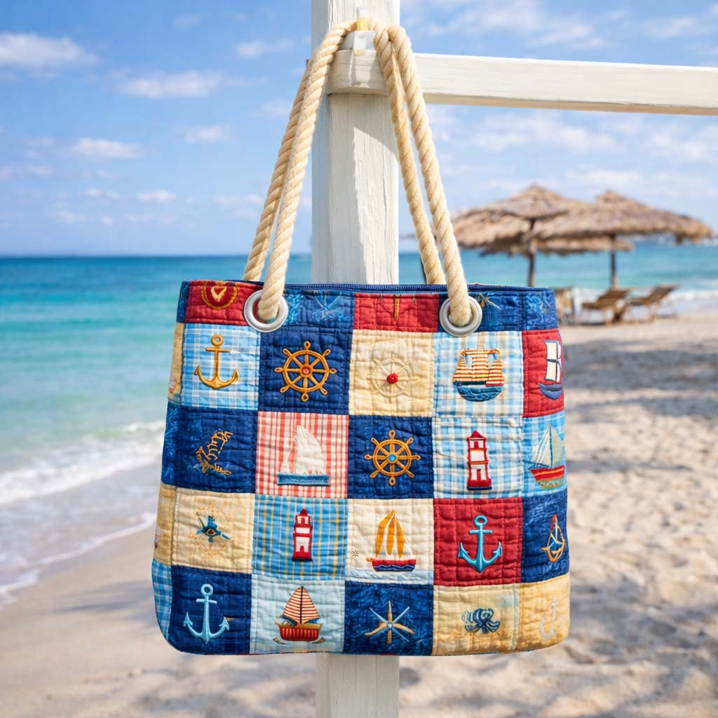 Women's Handmade Beach Tote Bag with Rope Handles and Printed Design