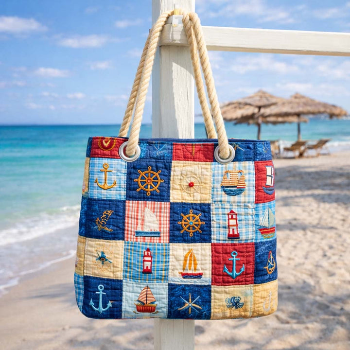 Women's Handmade Beach Tote Bag with Rope Handles and Printed Design